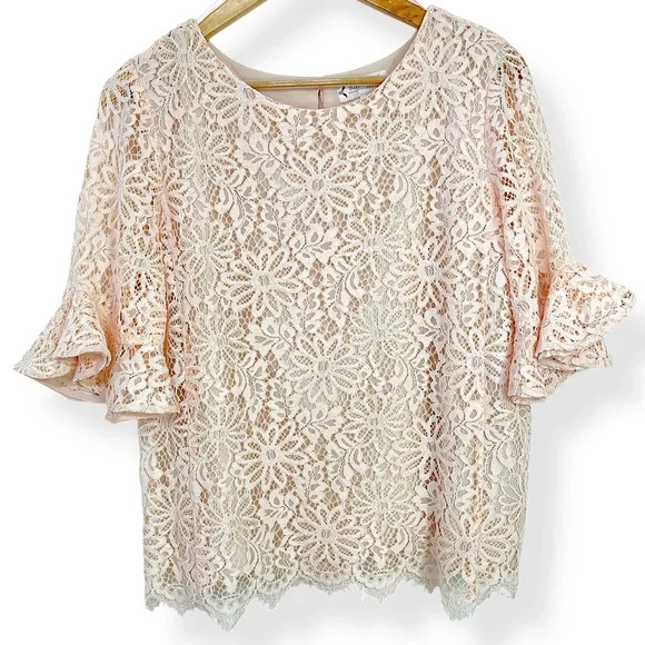 Nanette Lepore Floral Lace Crew Neck Bell Sleeve Top Shirt Large Light Pink - Picture 8 of 14